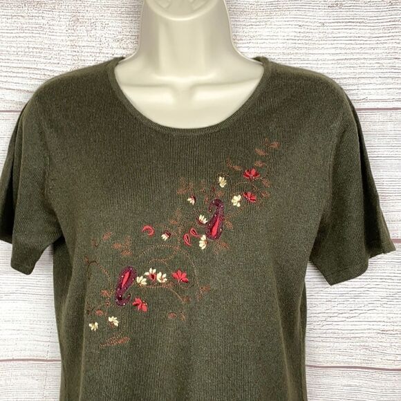 Silk Club Silk Cashmere Blend Floral Embroidered Olive Green Short Sleeve Top - Picture 3 of 7